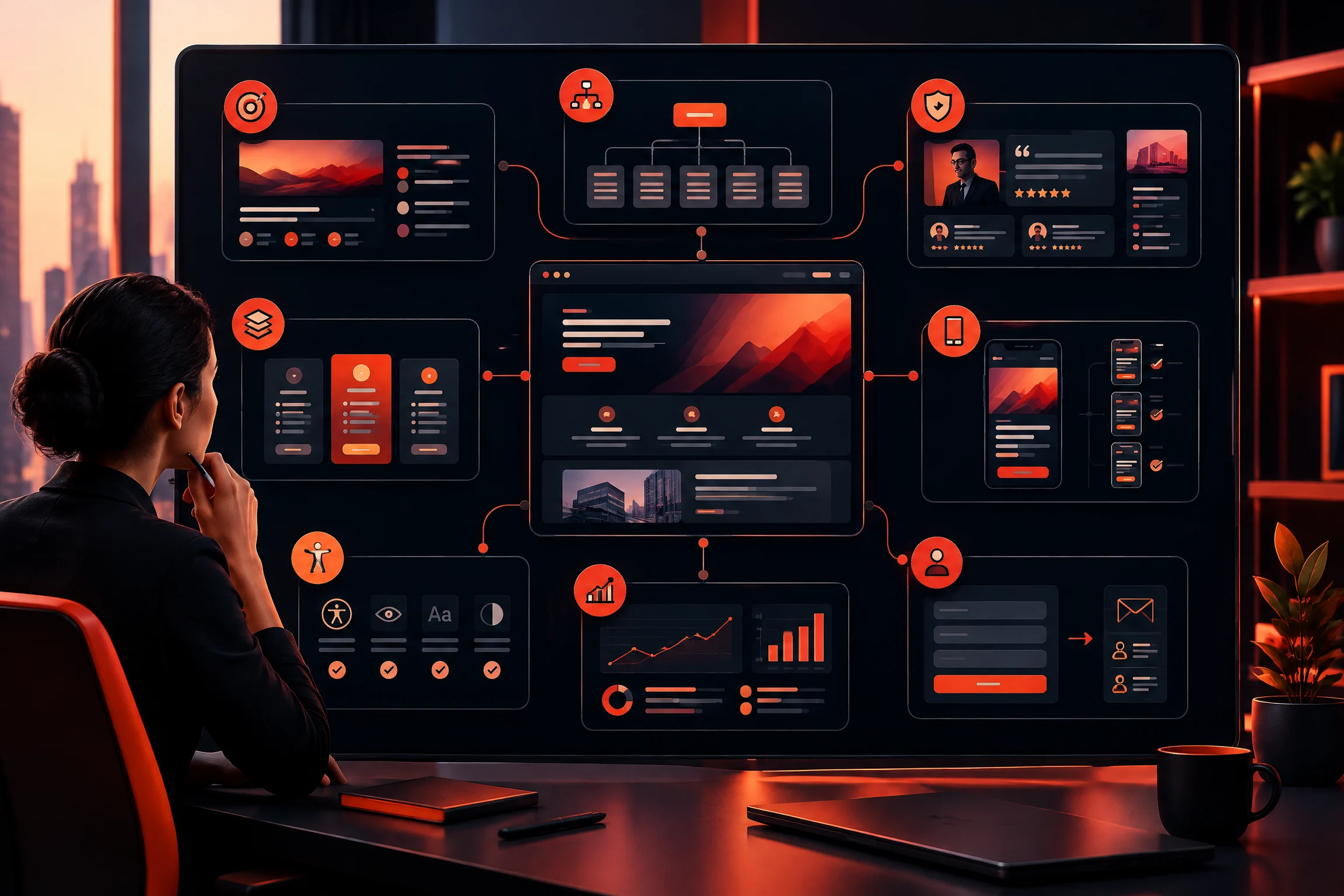 Futuristic B2B startup website planning visual showing connected modules for positioning, sitemap, proof, mobile UX, analytics, and lead capture