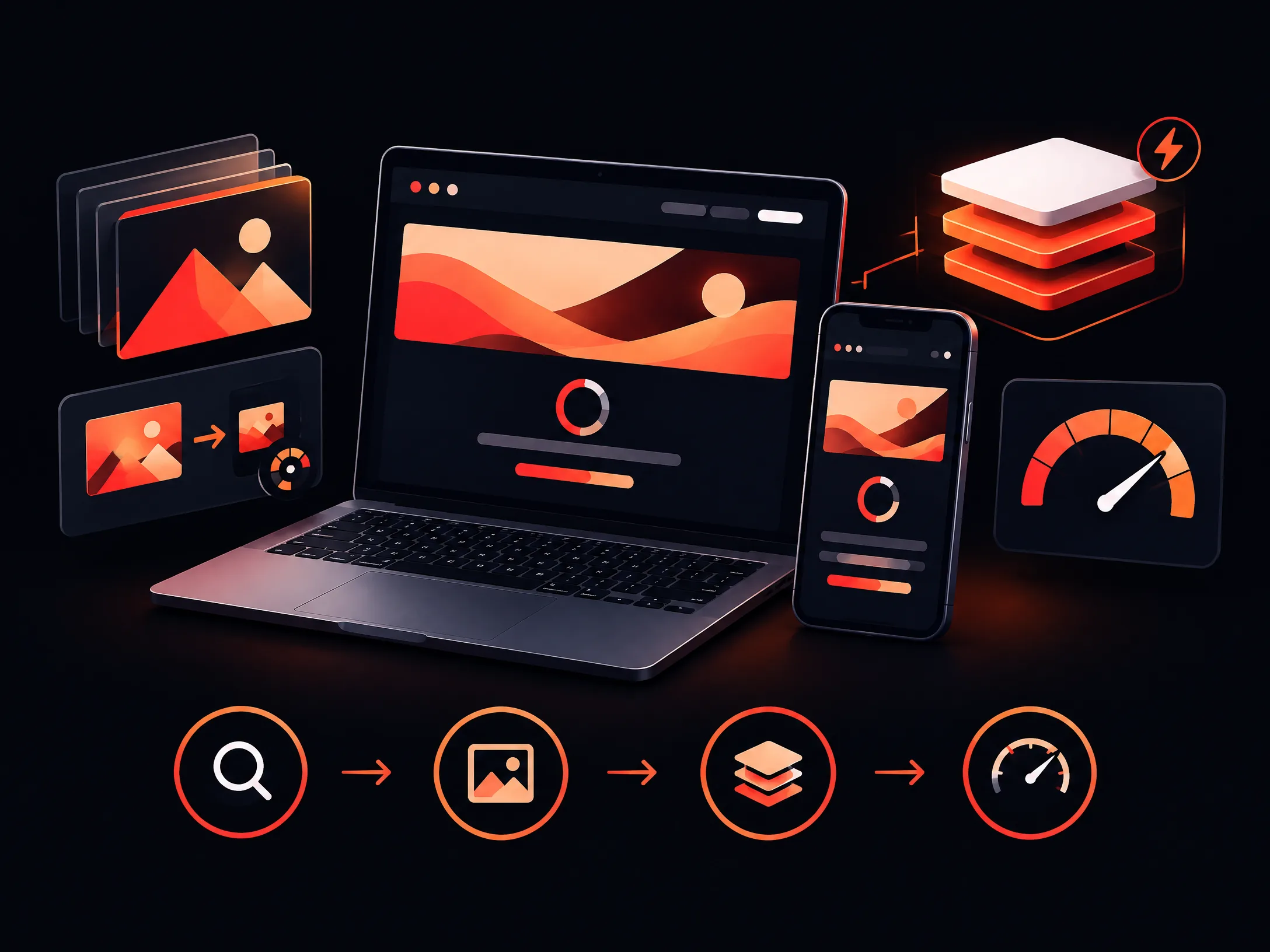 Swap Design branded illustration of a laptop and smartphone showing Elementor website speed diagnosis, image checks, caching layers, and performance testing