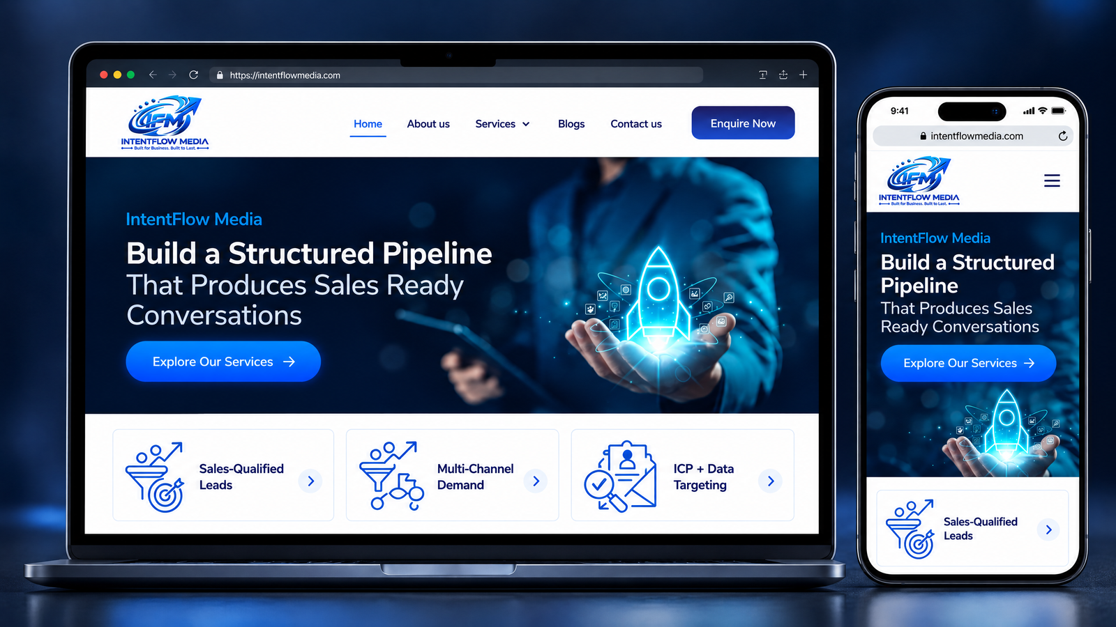 IntentFlow Media responsive website mockup shown on a laptop and mobile phone