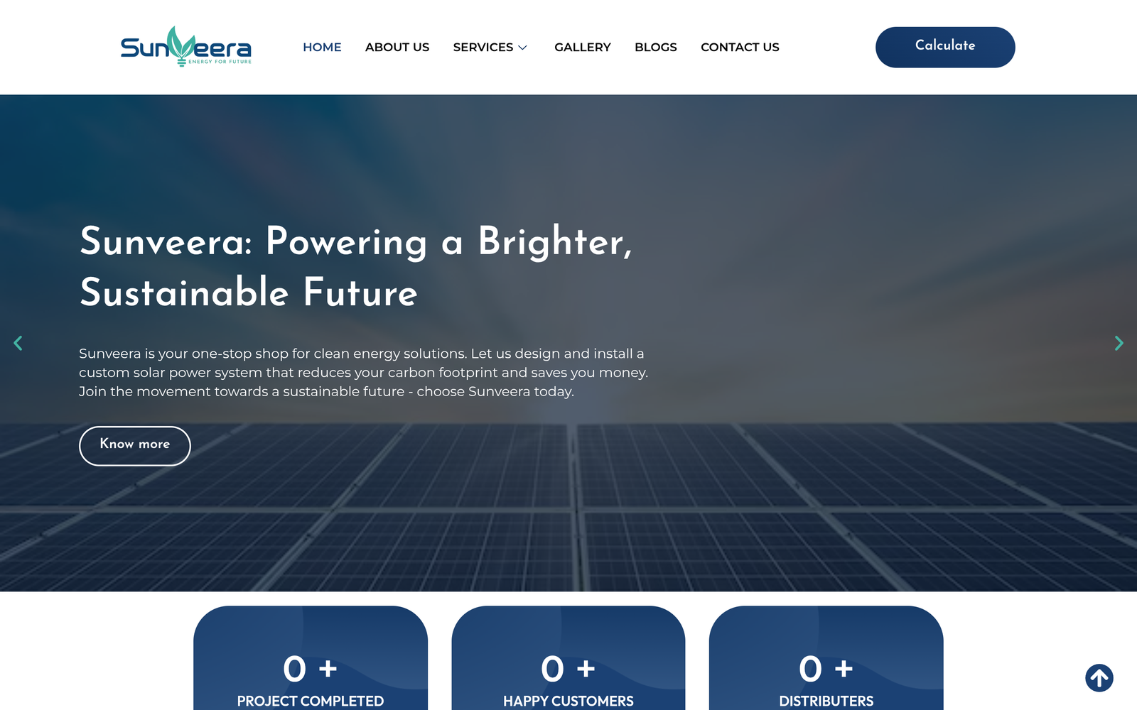 Sunveera desktop homepage showing the live navigation, solar hero section and project counters