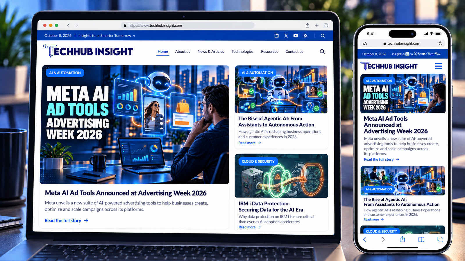 TechHub Insight responsive website mockup shown on a laptop and mobile phone
